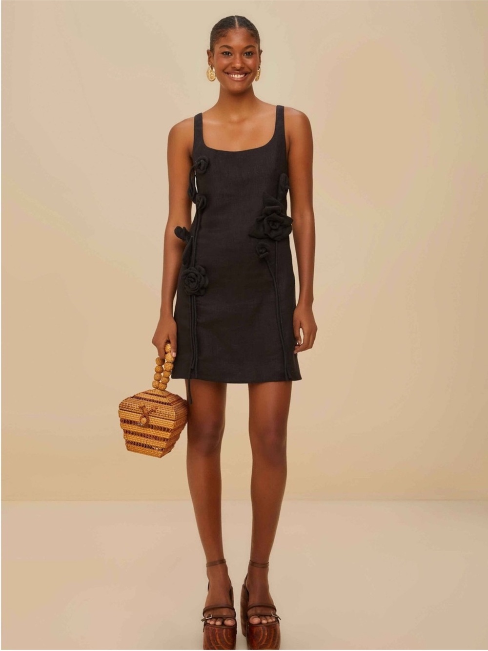 FARM Rio Black Floral Appliqué Mini Dress